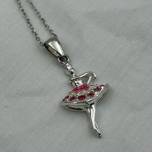 VTG 925 Sterling Silver Ballerina Dancer Charm Pendant & Necklace Pink Crystal